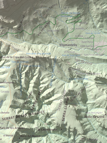 Mapa de relieve de Puig de les Morreres, 2211 m, Solsonès, lámina 100 Cims de Trobart. Detalle de la zona inferior derecha. 30 × 40 cm.