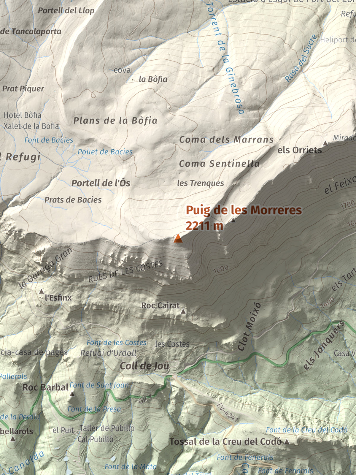 Mapa de relieve de Puig de les Morreres, 2211 m, Solsonès, lámina 100 Cims de Trobart. Detalle de la zona central. 30 × 40 cm.
