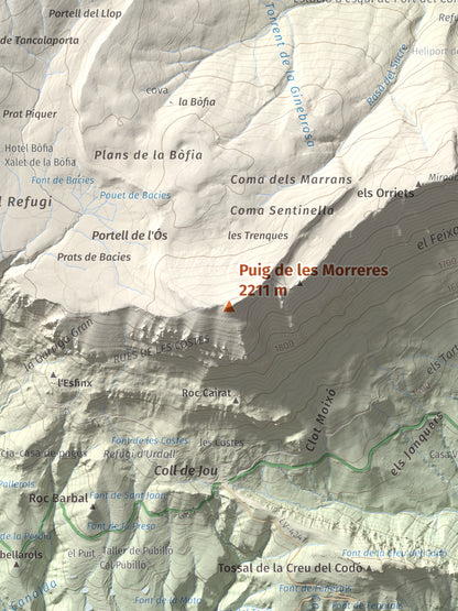 Mapa de relieve de Puig de les Morreres, 2211 m, Solsonès, lámina 100 Cims de Trobart. Detalle de la zona central. 30 × 40 cm.