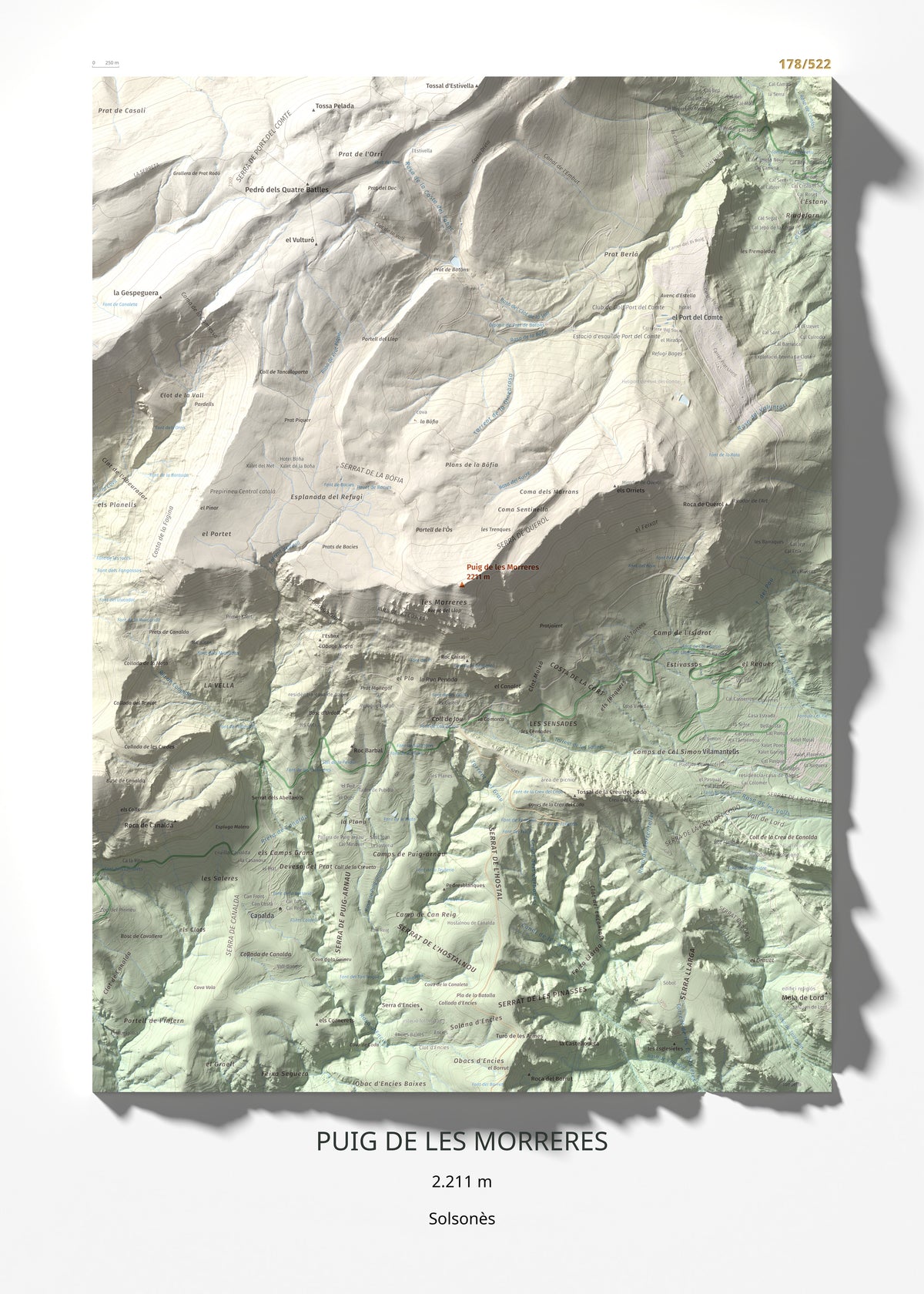 Mapa de relieve de Puig de les Morreres, 2211 m, Solsonès, lámina 100 Cims de Trobart 50 × 70 cm.