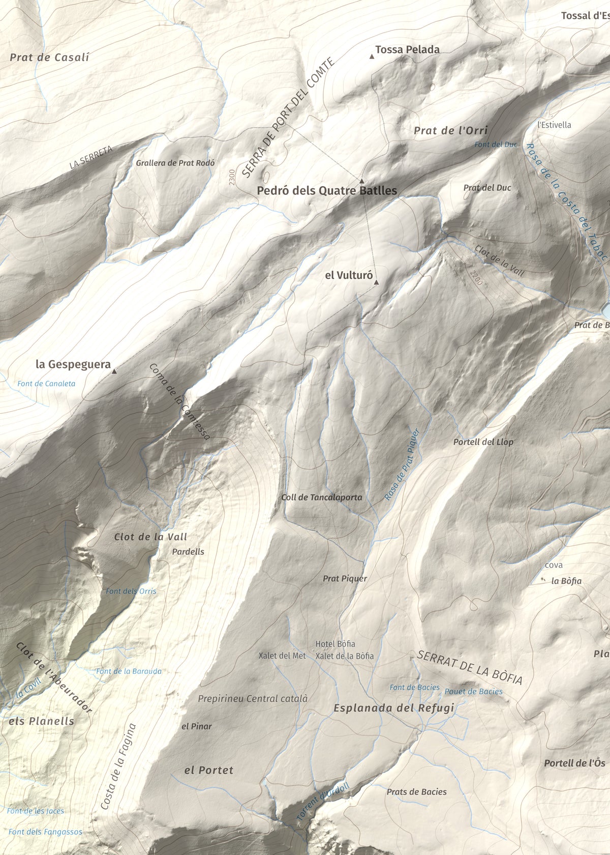 Mapa de relieve de Puig de les Morreres, 2211 m, Solsonès, lámina 100 Cims de Trobart. Detalle de la zona superior izquierda. 50 × 70 cm.