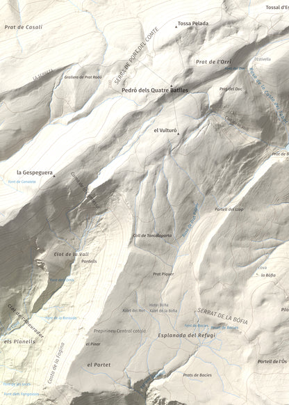 Mapa de relieve de Puig de les Morreres, 2211 m, Solsonès, lámina 100 Cims de Trobart. Detalle de la zona superior izquierda. 50 × 70 cm.