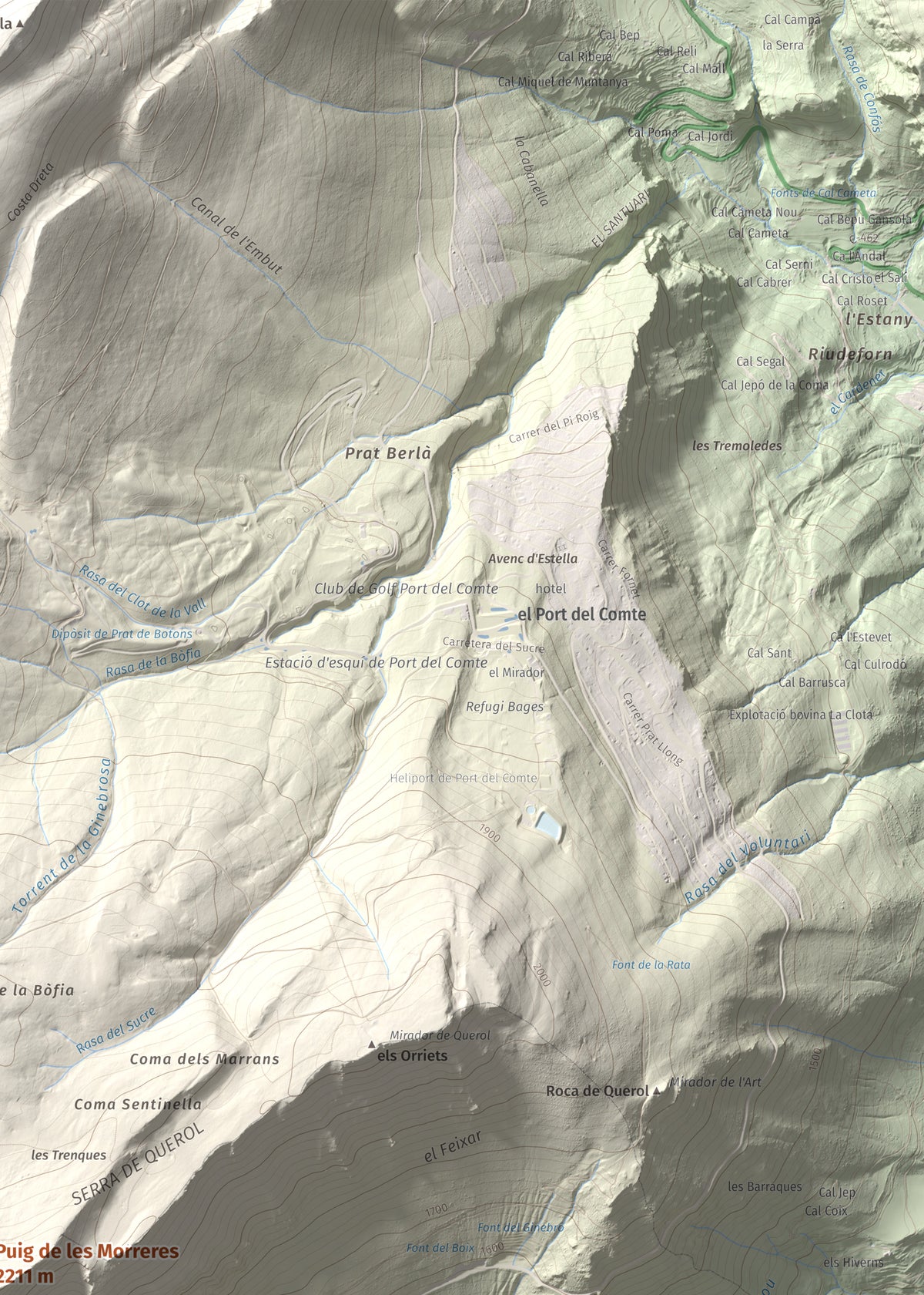 Mapa de relieve de Puig de les Morreres, 2211 m, Solsonès, lámina 100 Cims de Trobart. Detalle de la zona superior derecha. 50 × 70 cm.