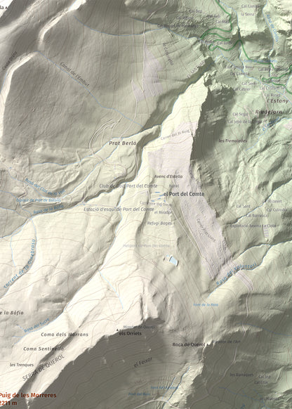 Mapa de relieve de Puig de les Morreres, 2211 m, Solsonès, lámina 100 Cims de Trobart. Detalle de la zona superior derecha. 50 × 70 cm.