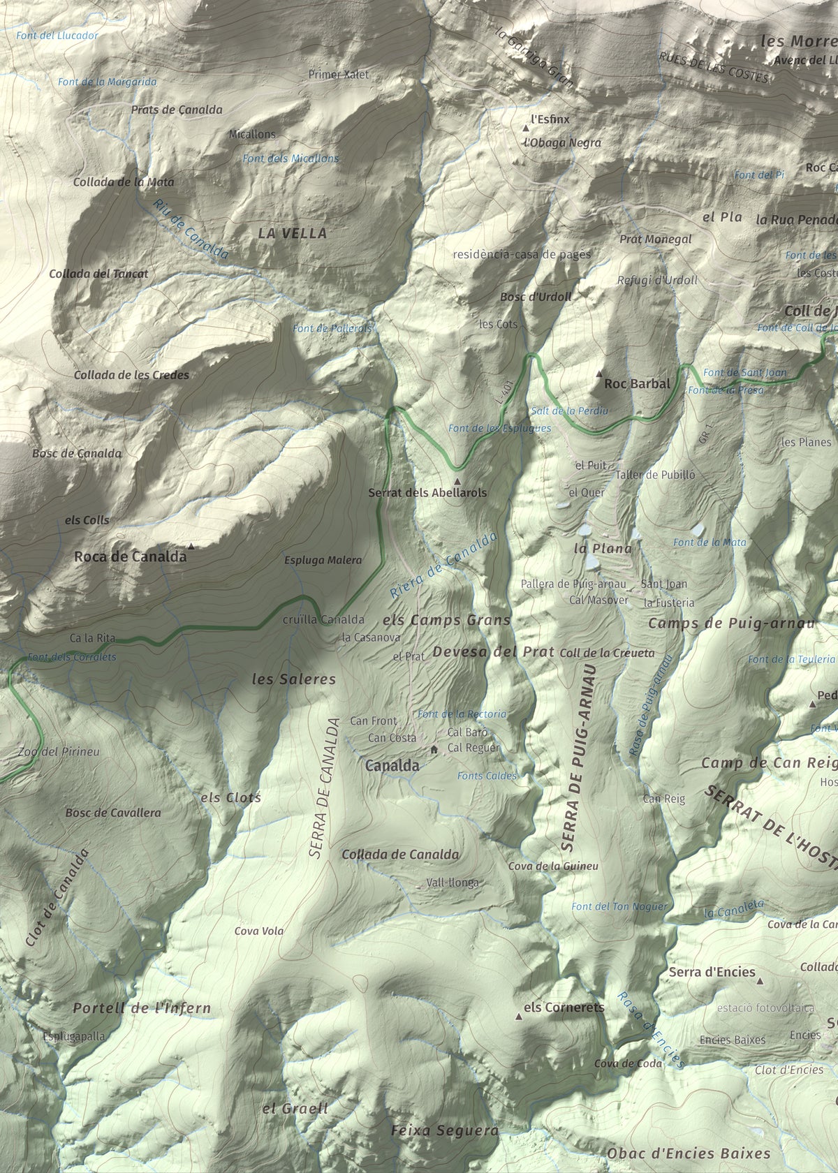 Mapa de relieve de Puig de les Morreres, 2211 m, Solsonès, lámina 100 Cims de Trobart. Detalle de la zona inferior izquierda. 50 × 70 cm.