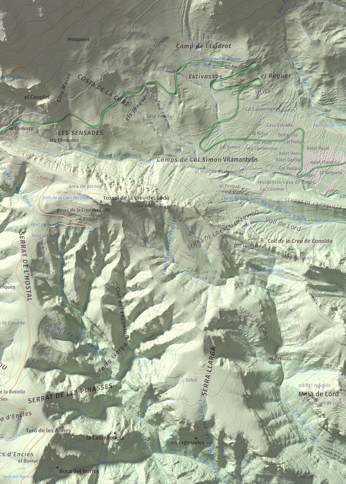 Mapa de relieve de Puig de les Morreres, 2211 m, Solsonès, lámina 100 Cims de Trobart. Detalle de la zona inferior derecha. 50 × 70 cm.