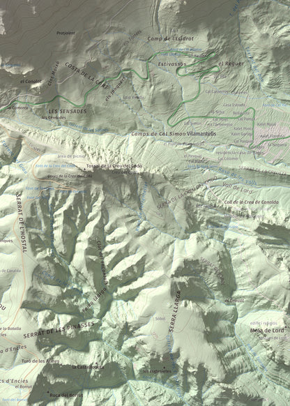 Mapa de relieve de Puig de les Morreres, 2211 m, Solsonès, lámina 100 Cims de Trobart. Detalle de la zona inferior derecha. 50 × 70 cm.
