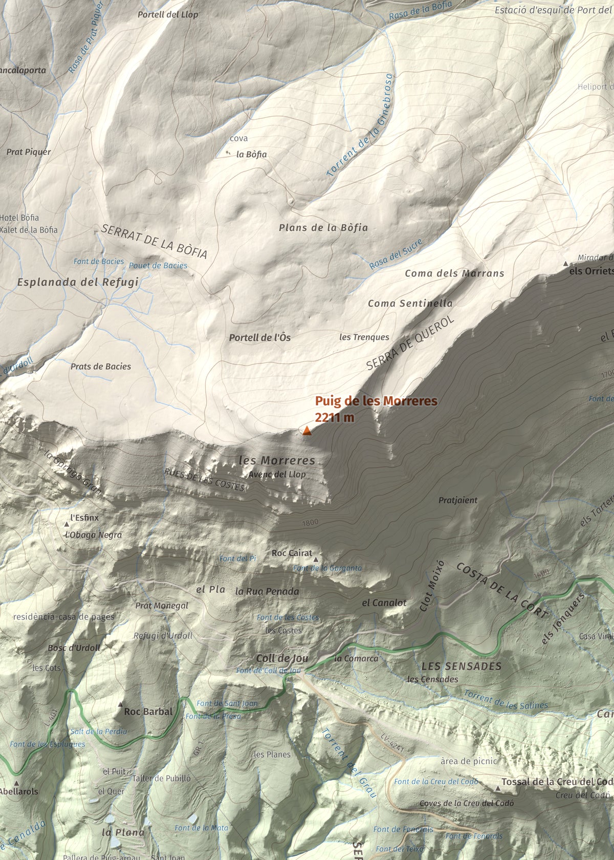 Mapa de relieve de Puig de les Morreres, 2211 m, Solsonès, lámina 100 Cims de Trobart. Detalle de la zona central. 50 × 70 cm.
