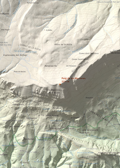 Mapa de relieve de Puig de les Morreres, 2211 m, Solsonès, lámina 100 Cims de Trobart. Detalle de la zona central. 50 × 70 cm.