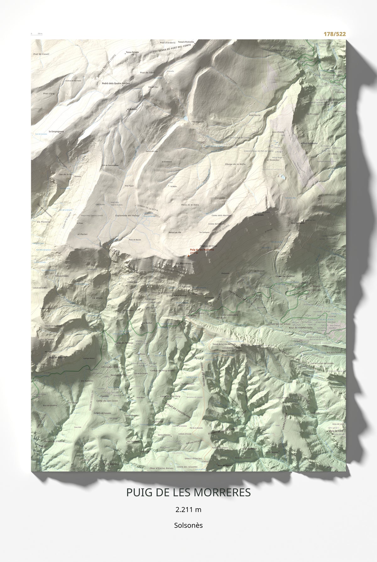 Mapa de relieve de Puig de les Morreres, 2211 m, Solsonès, lámina 100 Cims de Trobart 61 × 91 cm.
