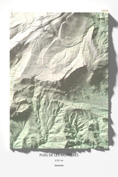 Mapa de relieve de Puig de les Morreres, 2211 m, Solsonès, lámina 100 Cims de Trobart 61 × 91 cm.