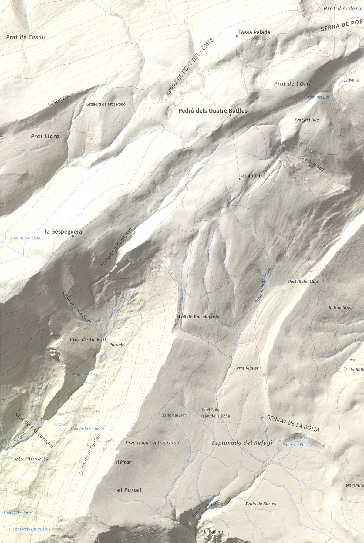 Mapa de relieve de Puig de les Morreres, 2211 m, Solsonès, lámina 100 Cims de Trobart. Detalle de la zona superior izquierda. 61 × 91 cm.