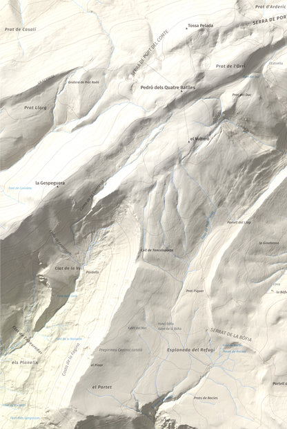 Mapa de relieve de Puig de les Morreres, 2211 m, Solsonès, lámina 100 Cims de Trobart. Detalle de la zona superior izquierda. 61 × 91 cm.