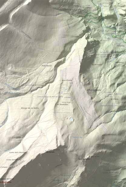 Mapa de relieve de Puig de les Morreres, 2211 m, Solsonès, lámina 100 Cims de Trobart. Detalle de la zona superior derecha. 61 × 91 cm.
