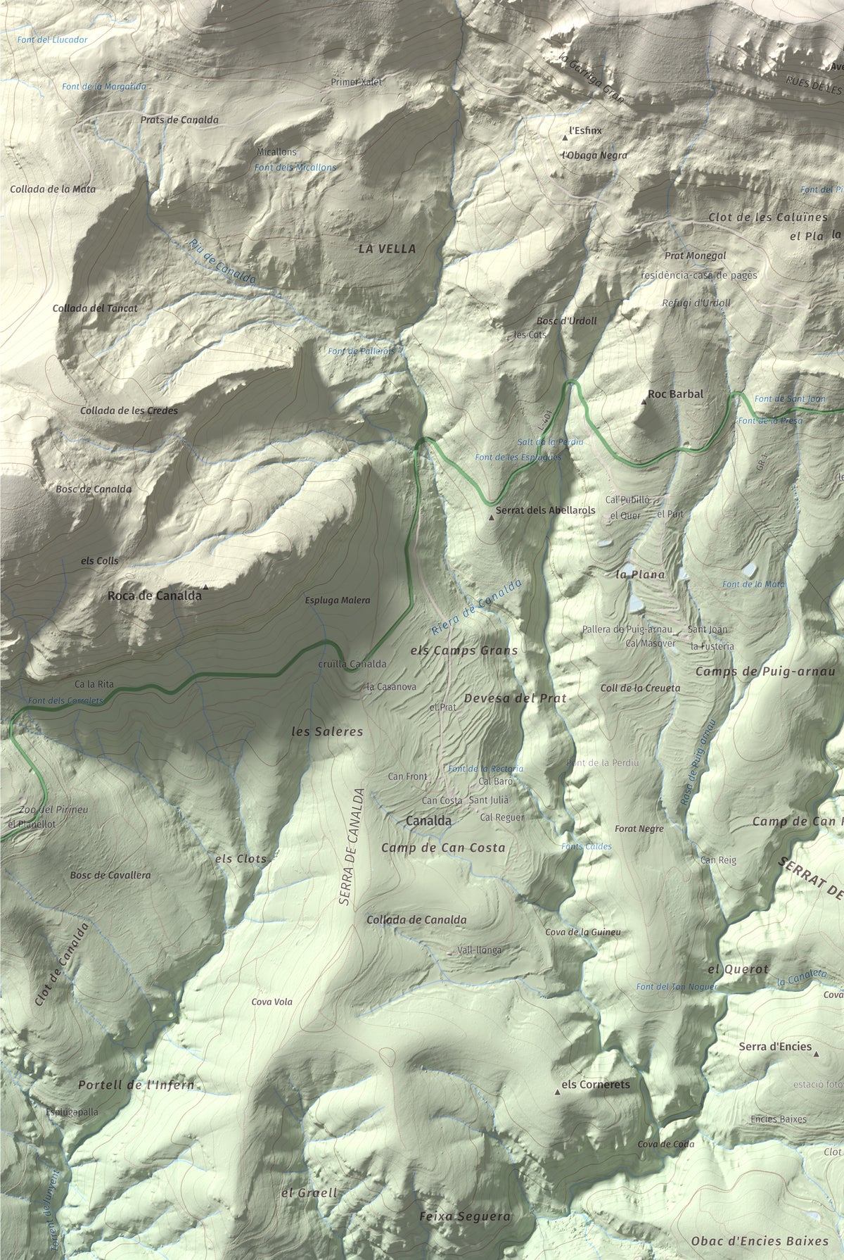 Mapa de relieve de Puig de les Morreres, 2211 m, Solsonès, lámina 100 Cims de Trobart. Detalle de la zona inferior izquierda. 61 × 91 cm.