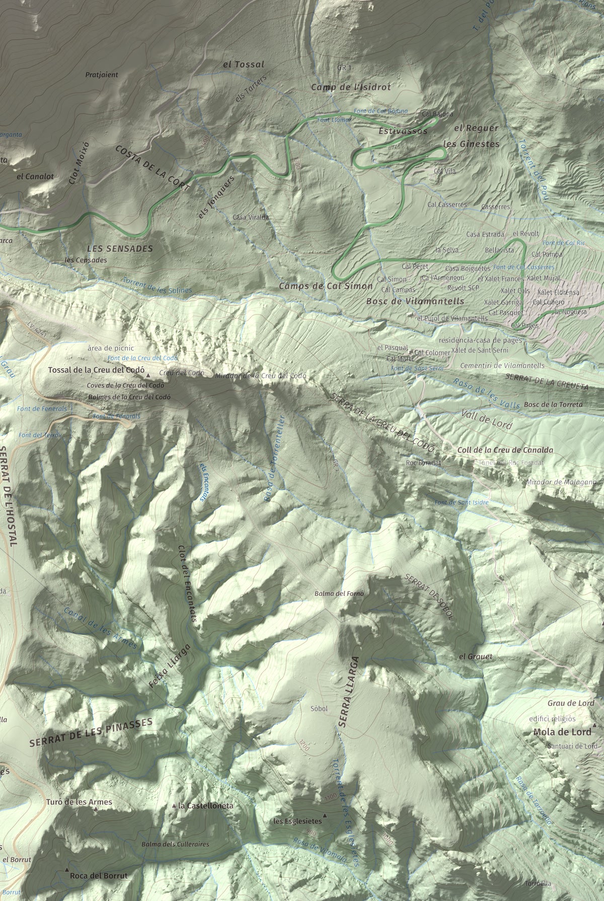 Mapa de relieve de Puig de les Morreres, 2211 m, Solsonès, lámina 100 Cims de Trobart. Detalle de la zona inferior derecha. 61 × 91 cm.