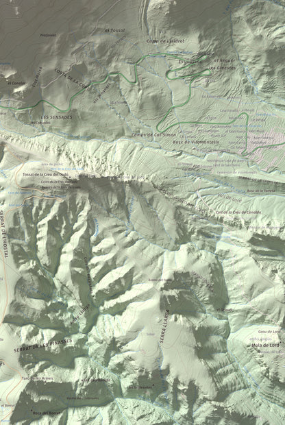 Mapa de relieve de Puig de les Morreres, 2211 m, Solsonès, lámina 100 Cims de Trobart. Detalle de la zona inferior derecha. 61 × 91 cm.