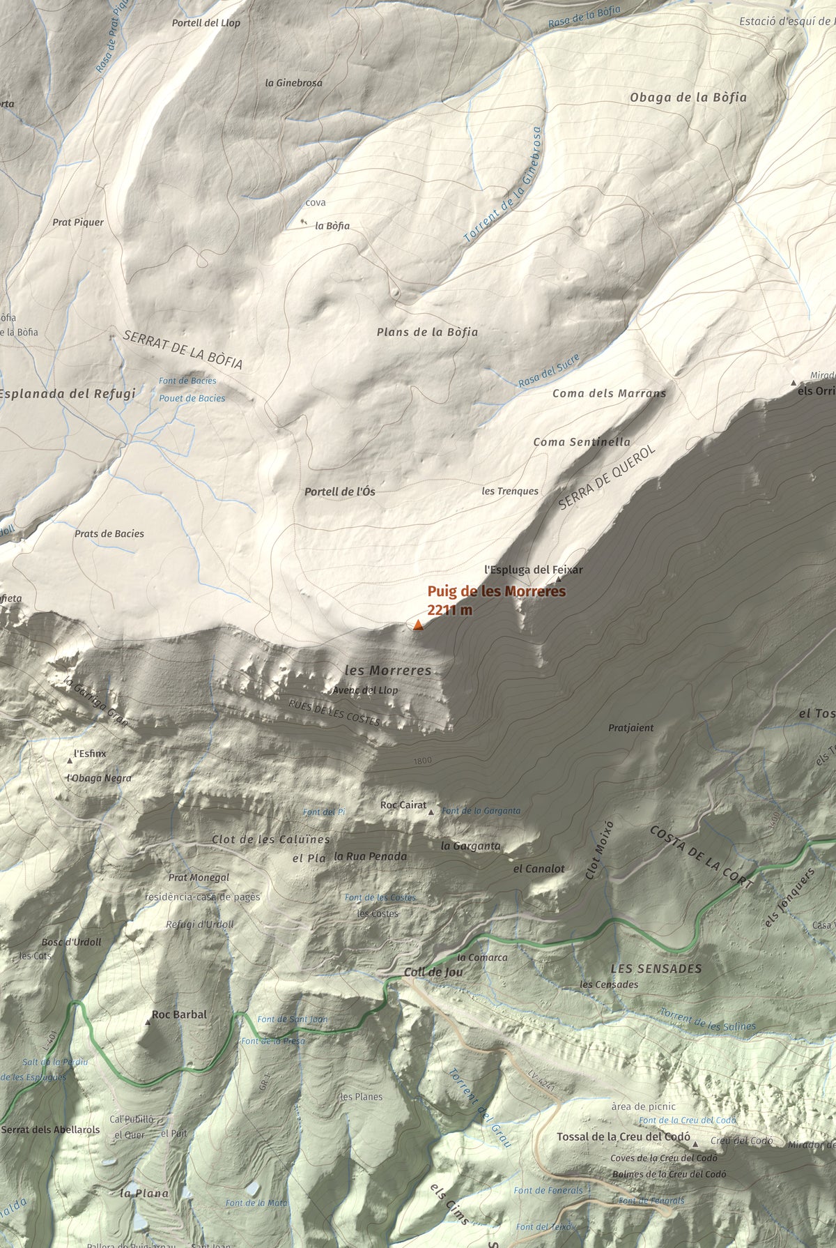 Mapa de relieve de Puig de les Morreres, 2211 m, Solsonès, lámina 100 Cims de Trobart. Detalle de la zona central. 61 × 91 cm.