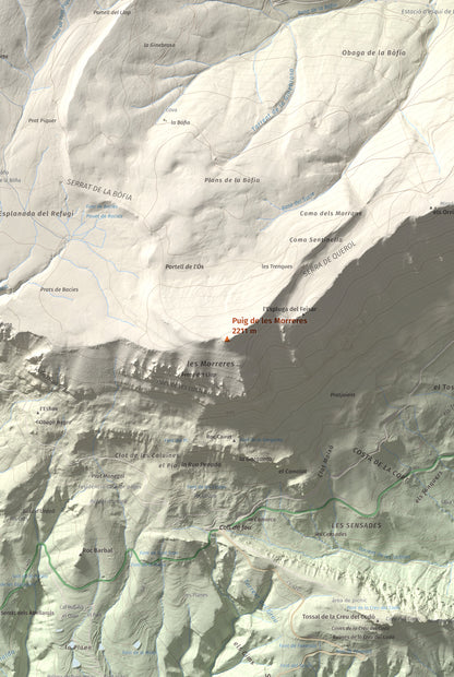 Mapa de relieve de Puig de les Morreres, 2211 m, Solsonès, lámina 100 Cims de Trobart. Detalle de la zona central. 61 × 91 cm.