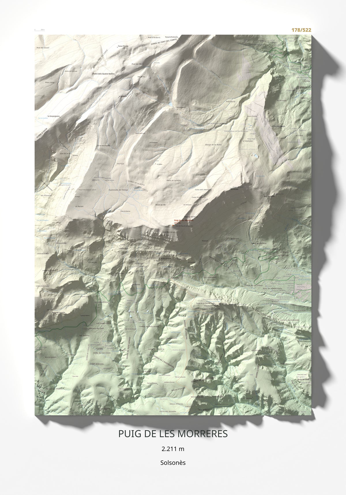 Mapa de relieve de Puig de les Morreres, 2211 m, Solsonès, lámina 100 Cims de Trobart 70 × 100 cm.
