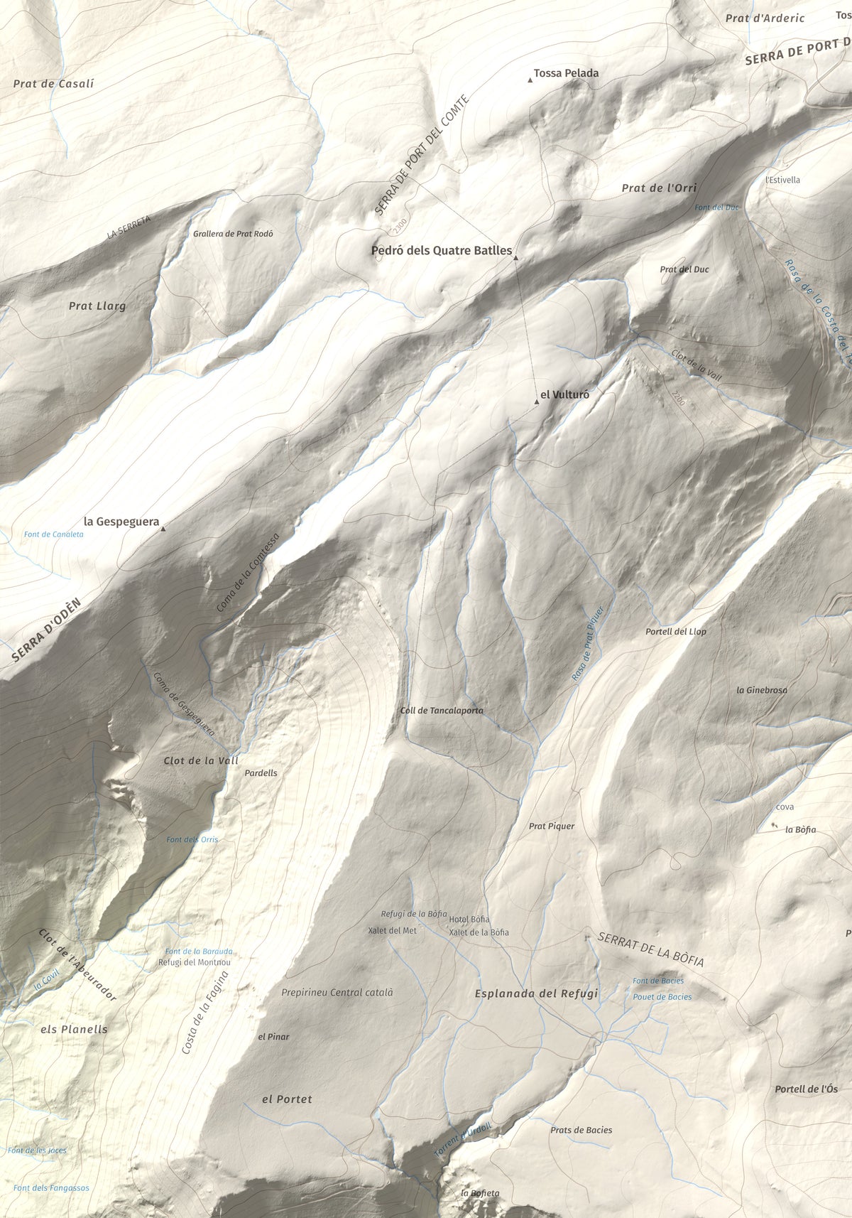 Mapa de relieve de Puig de les Morreres, 2211 m, Solsonès, lámina 100 Cims de Trobart. Detalle de la zona superior izquierda. 70 × 100 cm.