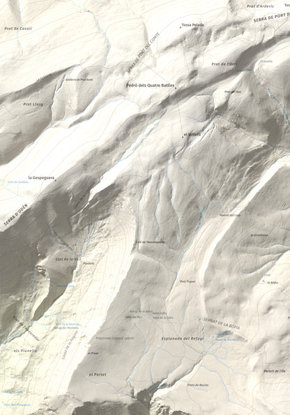 Mapa de relieve de Puig de les Morreres, 2211 m, Solsonès, lámina 100 Cims de Trobart. Detalle de la zona superior izquierda. 70 × 100 cm.