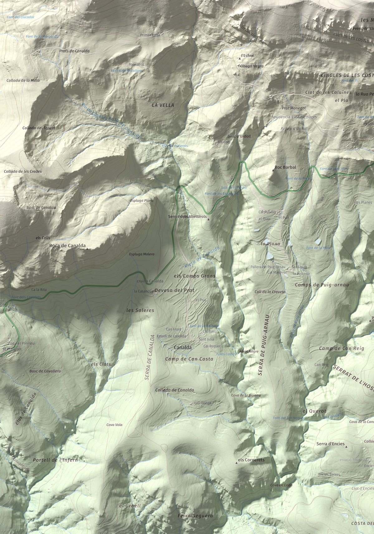 Mapa de relieve de Puig de les Morreres, 2211 m, Solsonès, lámina 100 Cims de Trobart. Detalle de la zona inferior izquierda. 70 × 100 cm.