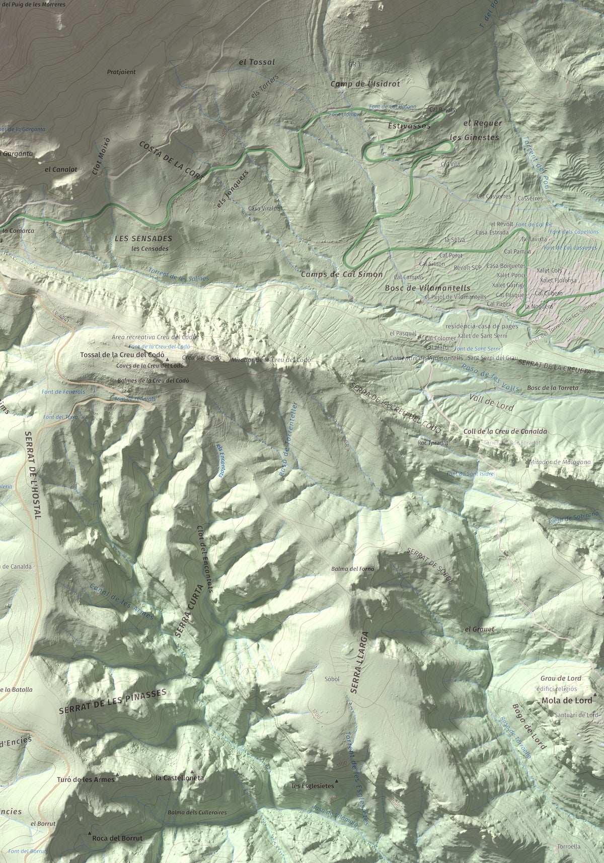 Mapa de relieve de Puig de les Morreres, 2211 m, Solsonès, lámina 100 Cims de Trobart. Detalle de la zona inferior derecha. 70 × 100 cm.