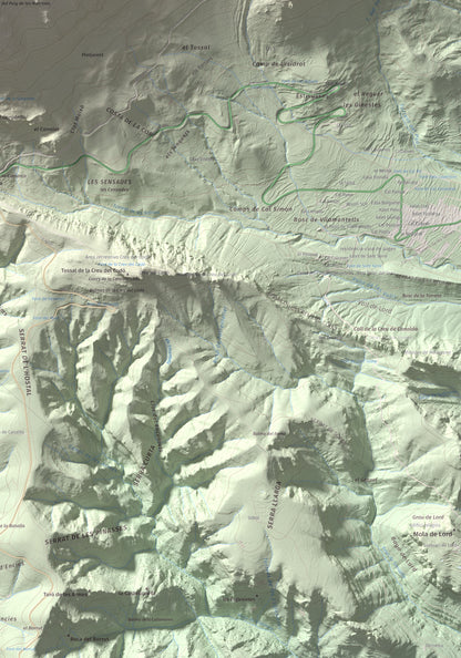 Mapa de relieve de Puig de les Morreres, 2211 m, Solsonès, lámina 100 Cims de Trobart. Detalle de la zona inferior derecha. 70 × 100 cm.