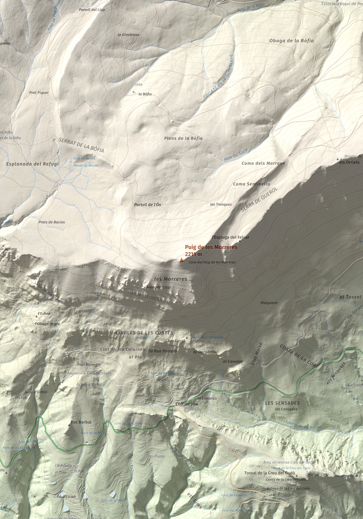 Mapa de relieve de Puig de les Morreres, 2211 m, Solsonès, lámina 100 Cims de Trobart. Detalle de la zona central. 70 × 100 cm.