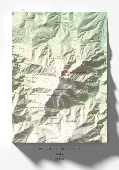 Mapa de relieve de Puig de les Tres Esteles, 2099 m, Conflent, lámina 100 Cims de Trobart 21 × 30 cm.