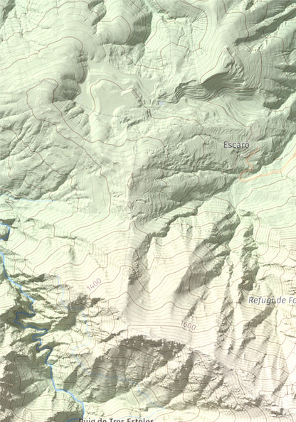 Mapa de relieve de Puig de les Tres Esteles, 2099 m, Conflent, lámina 100 Cims de Trobart. Detalle de la zona superior izquierda. 21 × 30 cm.