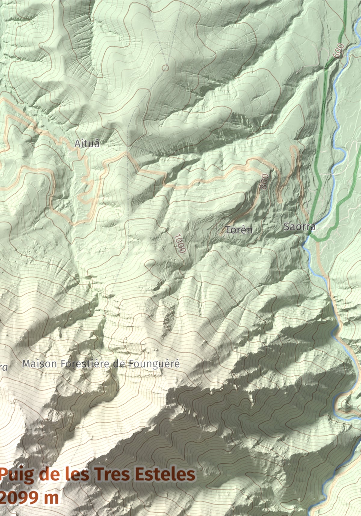 Mapa de relieve de Puig de les Tres Esteles, 2099 m, Conflent, lámina 100 Cims de Trobart. Detalle de la zona superior derecha. 21 × 30 cm.