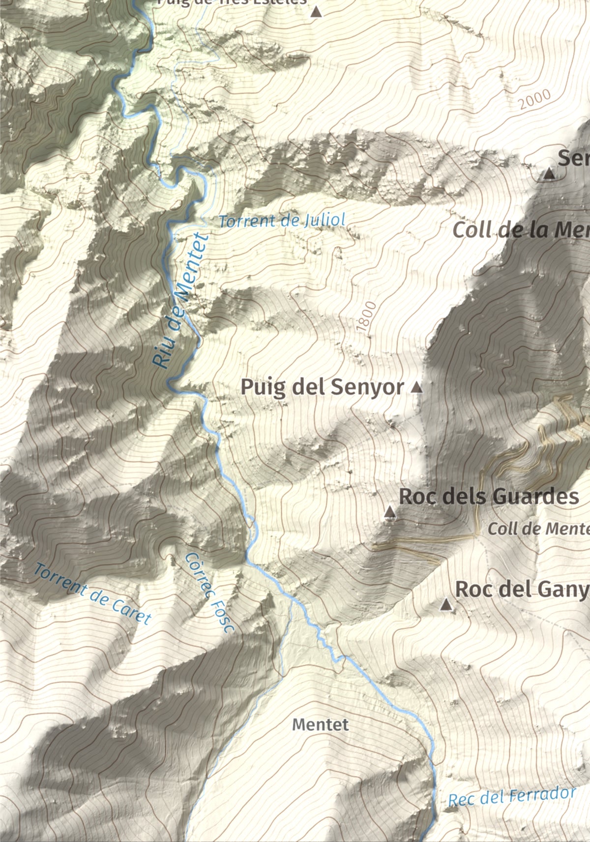 Mapa de relieve de Puig de les Tres Esteles, 2099 m, Conflent, lámina 100 Cims de Trobart. Detalle de la zona inferior izquierda. 21 × 30 cm.