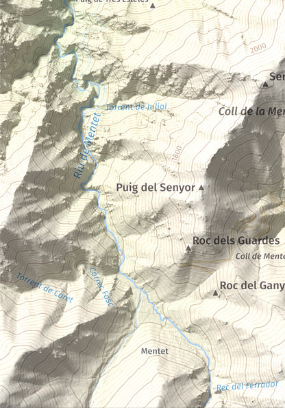 Mapa de relieve de Puig de les Tres Esteles, 2099 m, Conflent, lámina 100 Cims de Trobart. Detalle de la zona inferior izquierda. 21 × 30 cm.