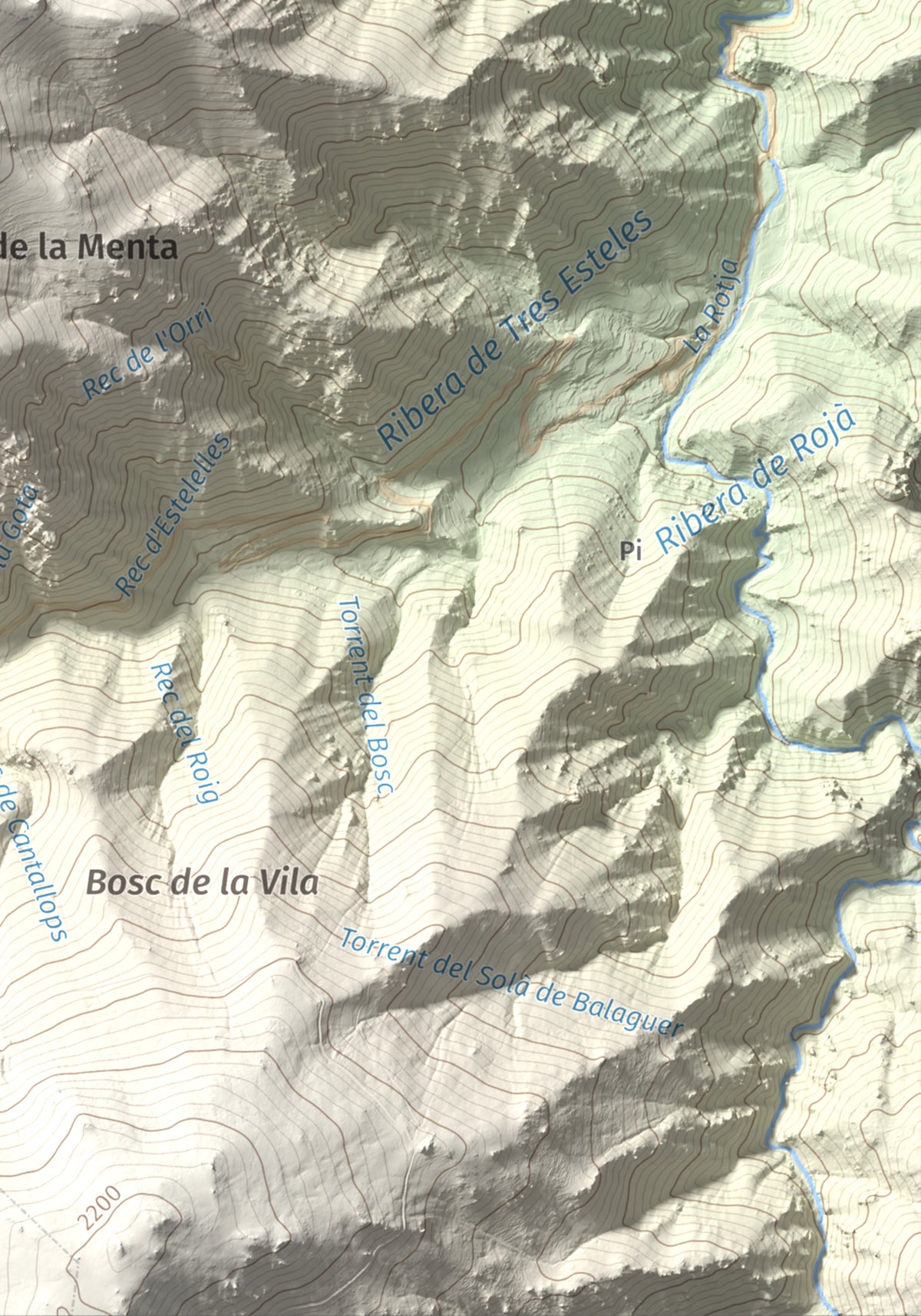 Mapa de relieve de Puig de les Tres Esteles, 2099 m, Conflent, lámina 100 Cims de Trobart. Detalle de la zona inferior derecha. 21 × 30 cm.
