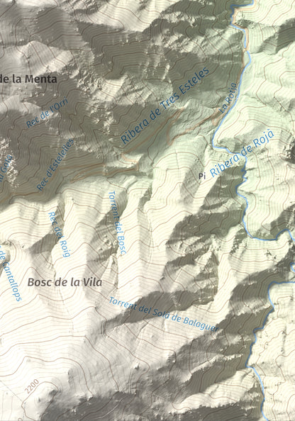 Mapa de relieve de Puig de les Tres Esteles, 2099 m, Conflent, lámina 100 Cims de Trobart. Detalle de la zona inferior derecha. 21 × 30 cm.