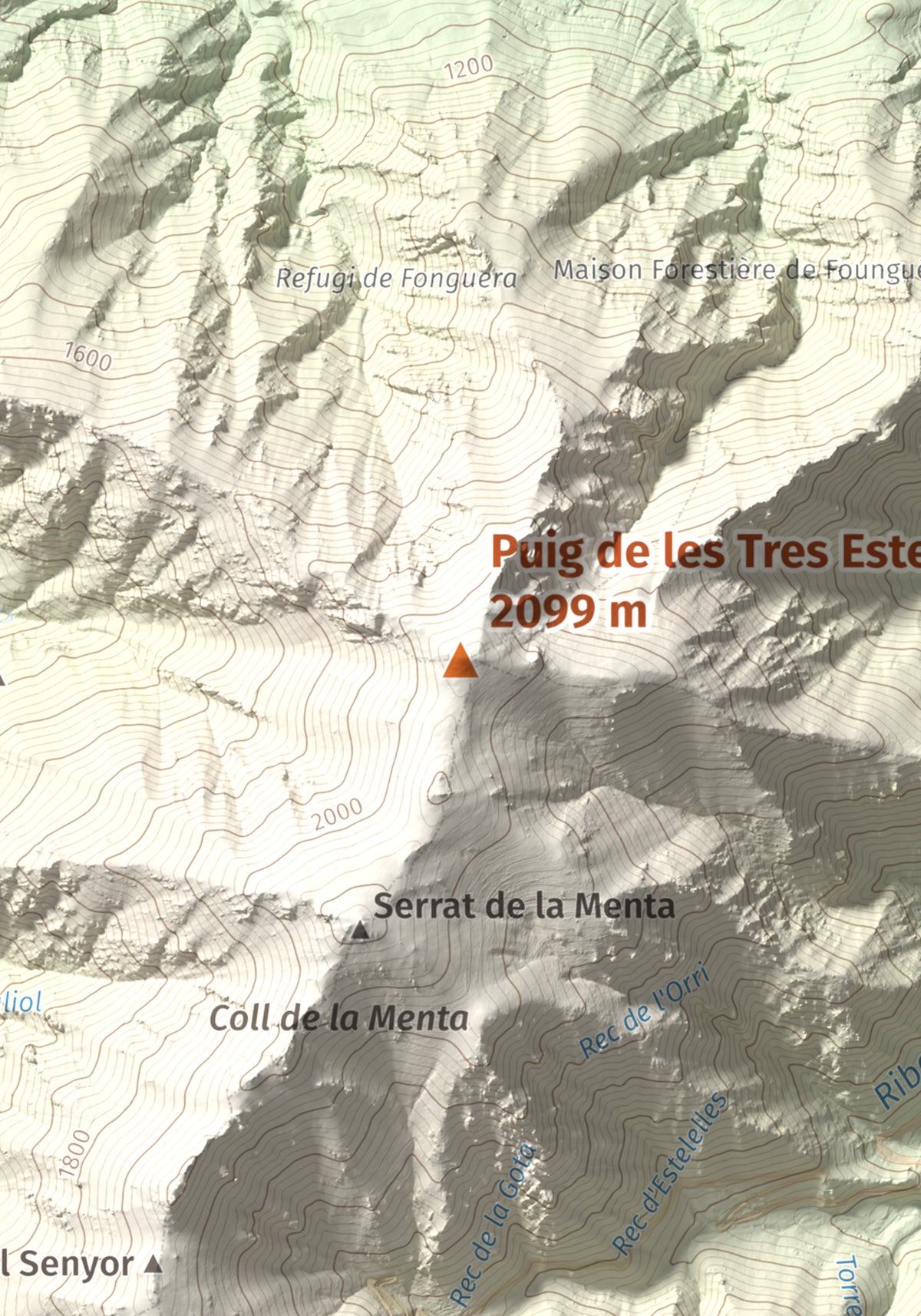 Mapa de relieve de Puig de les Tres Esteles, 2099 m, Conflent, lámina 100 Cims de Trobart. Detalle de la zona central. 21 × 30 cm.