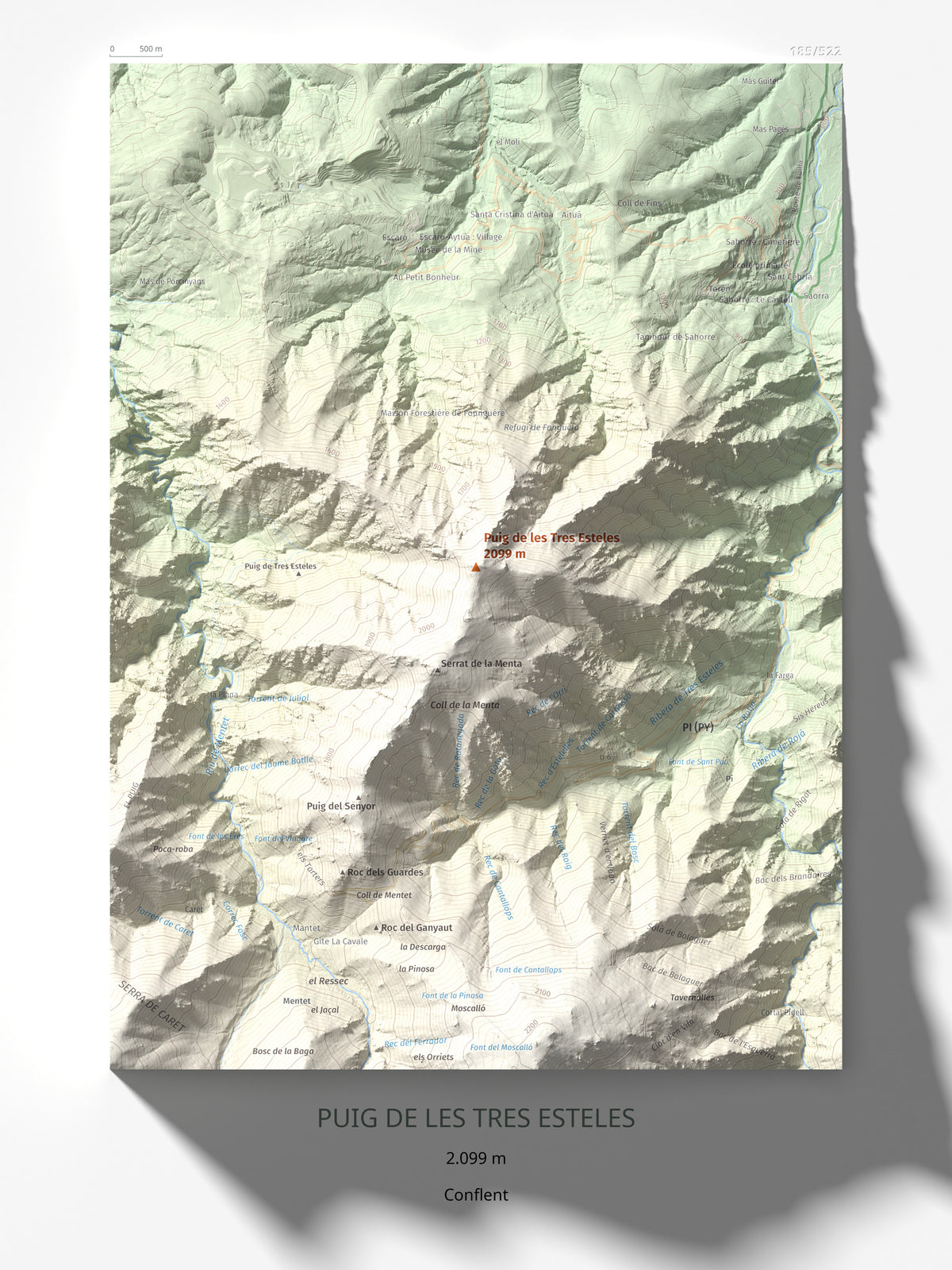Mapa de relieve de Puig de les Tres Esteles, 2099 m, Conflent, lámina 100 Cims de Trobart 30 × 40 cm.