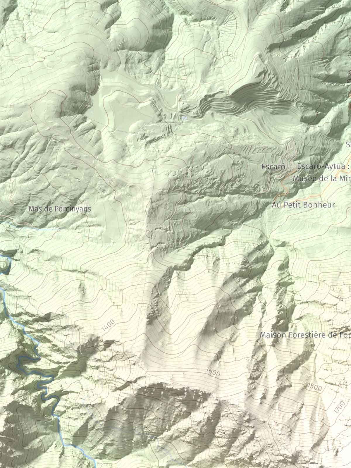 Mapa de relieve de Puig de les Tres Esteles, 2099 m, Conflent, lámina 100 Cims de Trobart. Detalle de la zona superior izquierda. 30 × 40 cm.