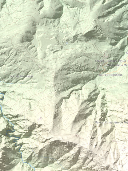 Mapa de relieve de Puig de les Tres Esteles, 2099 m, Conflent, lámina 100 Cims de Trobart. Detalle de la zona superior izquierda. 30 × 40 cm.