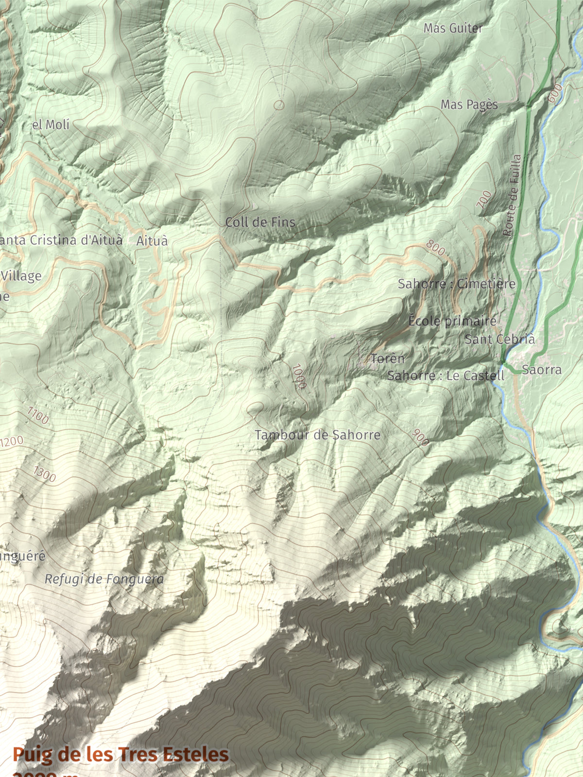 Mapa de relieve de Puig de les Tres Esteles, 2099 m, Conflent, lámina 100 Cims de Trobart. Detalle de la zona superior derecha. 30 × 40 cm.