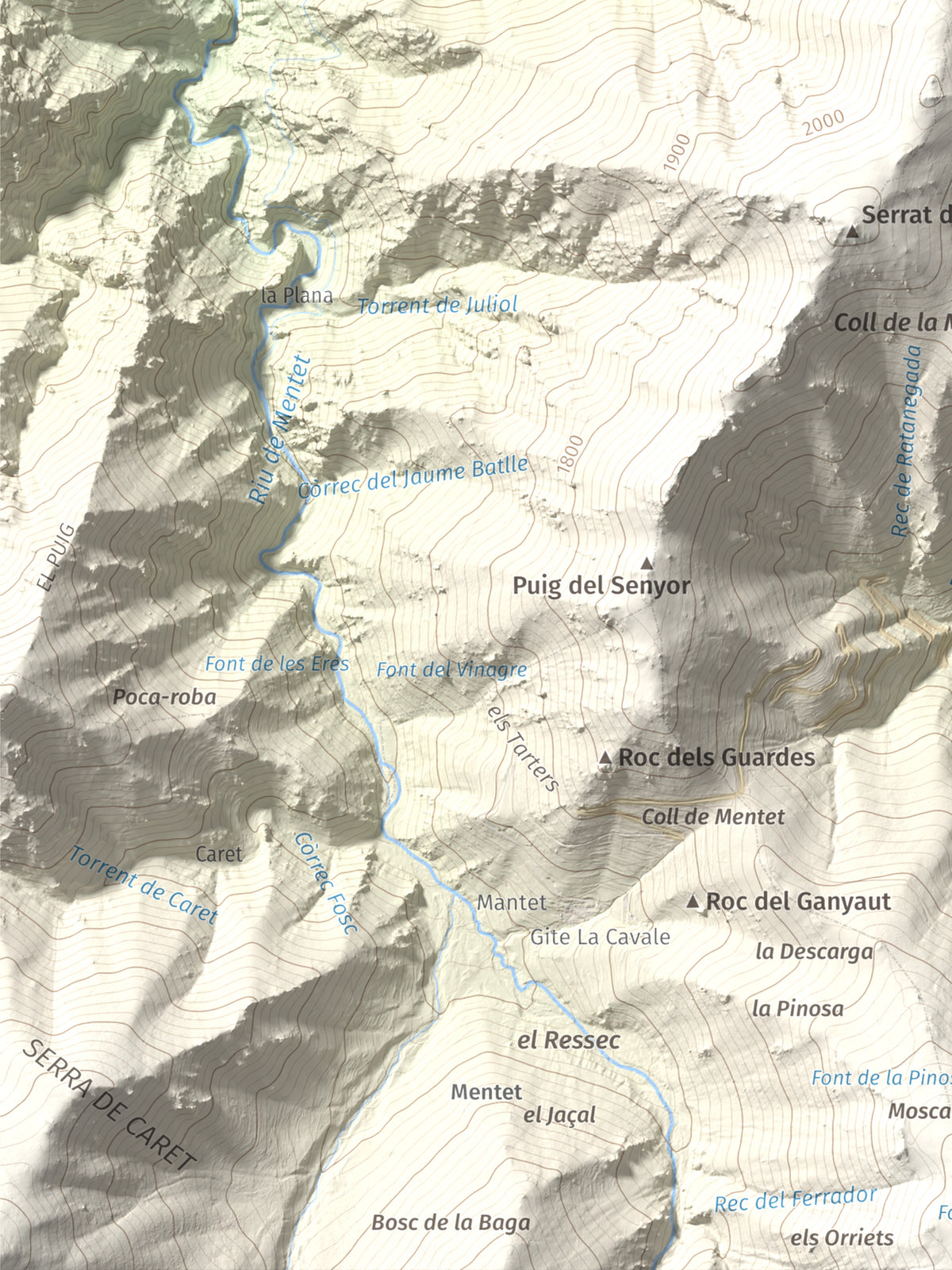 Mapa de relieve de Puig de les Tres Esteles, 2099 m, Conflent, lámina 100 Cims de Trobart. Detalle de la zona inferior izquierda. 30 × 40 cm.