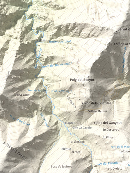 Mapa de relieve de Puig de les Tres Esteles, 2099 m, Conflent, lámina 100 Cims de Trobart. Detalle de la zona inferior izquierda. 30 × 40 cm.
