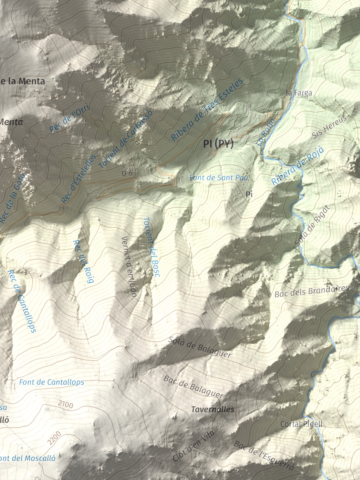 Mapa de relieve de Puig de les Tres Esteles, 2099 m, Conflent, lámina 100 Cims de Trobart. Detalle de la zona inferior derecha. 30 × 40 cm.