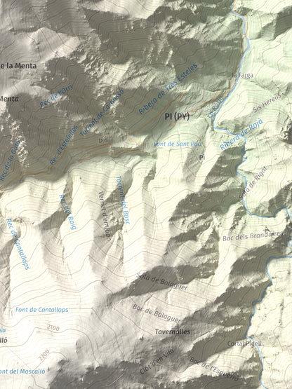 Mapa de relieve de Puig de les Tres Esteles, 2099 m, Conflent, lámina 100 Cims de Trobart. Detalle de la zona inferior derecha. 30 × 40 cm.