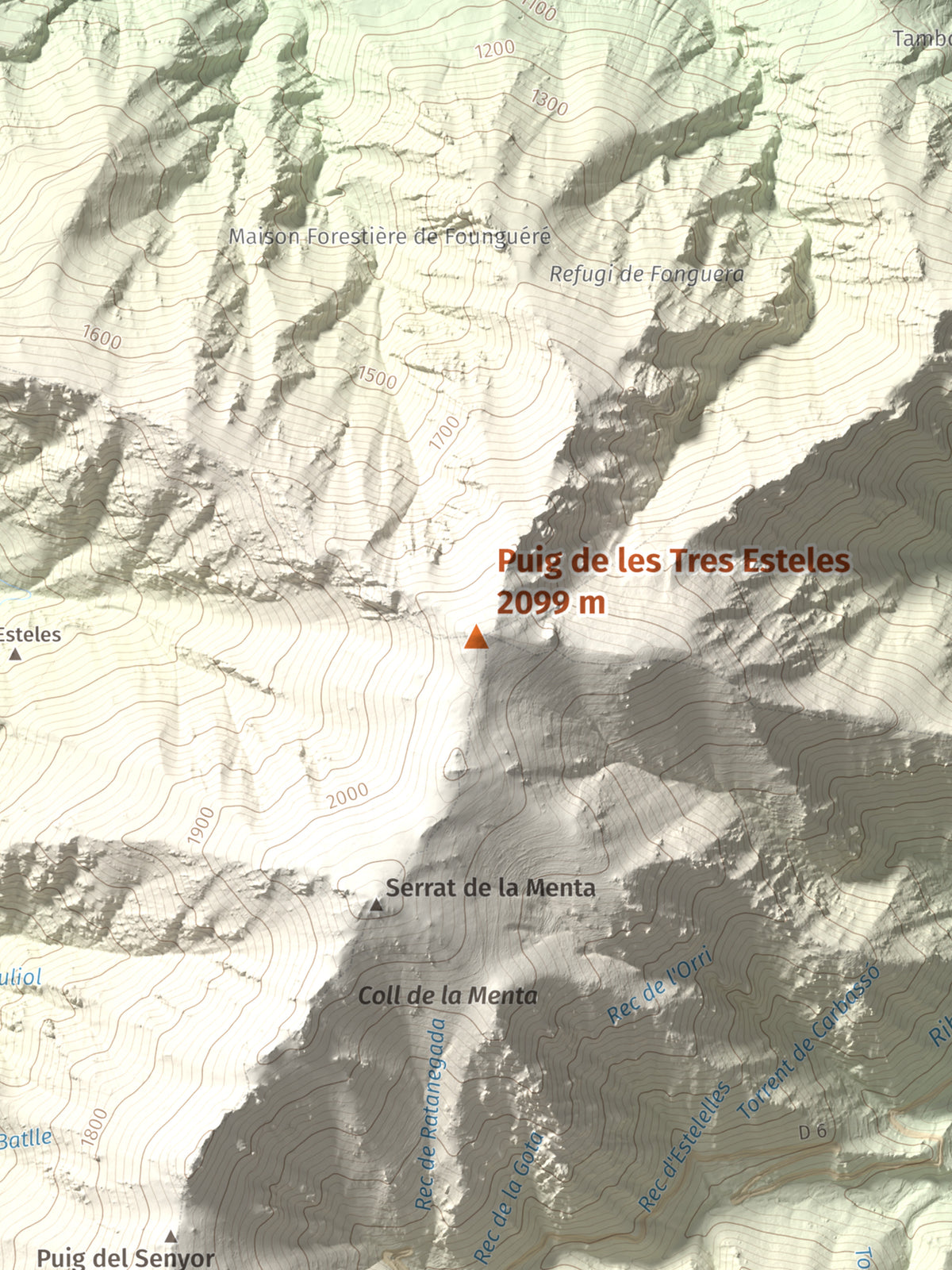 Mapa de relieve de Puig de les Tres Esteles, 2099 m, Conflent, lámina 100 Cims de Trobart. Detalle de la zona central. 30 × 40 cm.