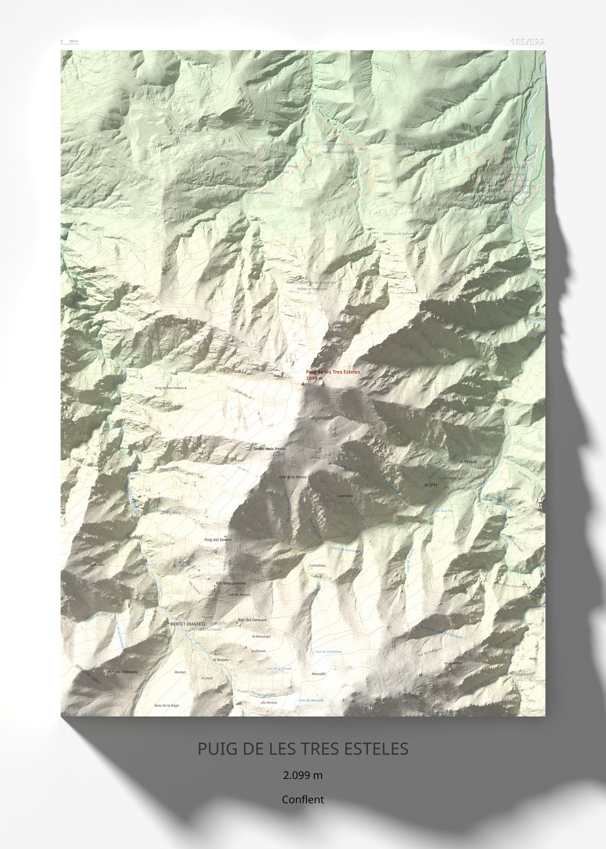 Mapa de relieve de Puig de les Tres Esteles, 2099 m, Conflent, lámina 100 Cims de Trobart 50 × 70 cm.