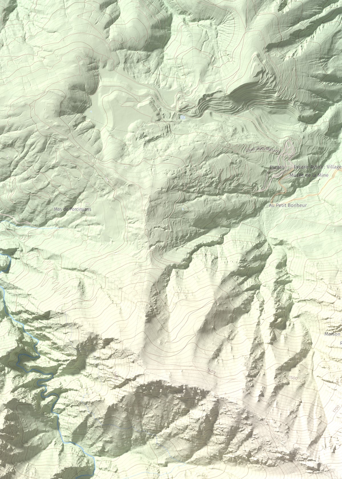 Mapa de relieve de Puig de les Tres Esteles, 2099 m, Conflent, lámina 100 Cims de Trobart. Detalle de la zona superior izquierda. 50 × 70 cm.