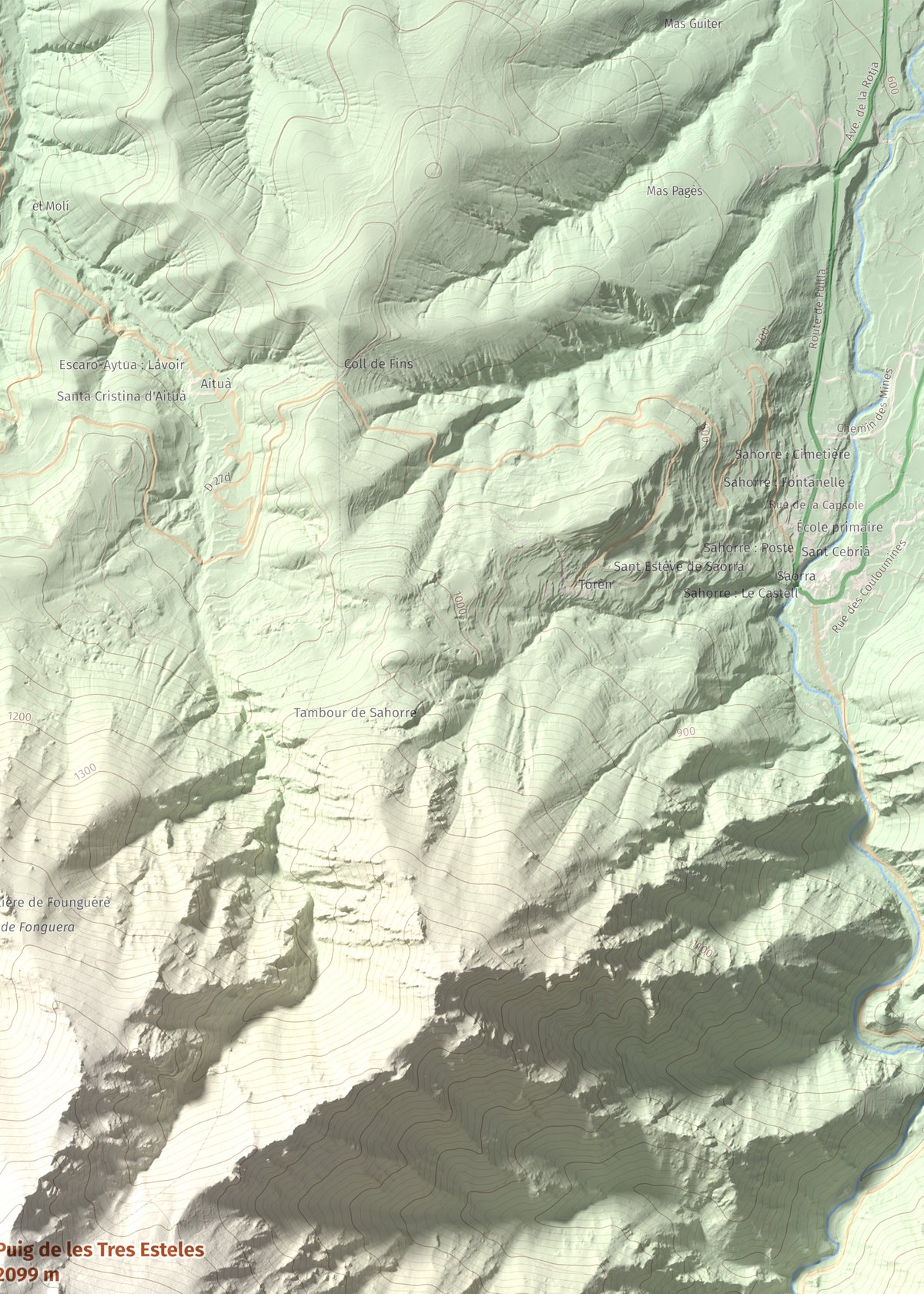 Mapa de relieve de Puig de les Tres Esteles, 2099 m, Conflent, lámina 100 Cims de Trobart. Detalle de la zona superior derecha. 50 × 70 cm.
